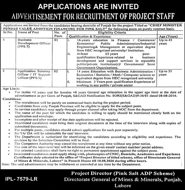 Mines & Minerals Department Lahore Jobs 2026 — original advertisement