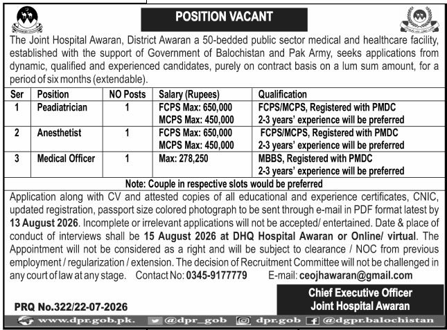 The Joint Hospital Awaran Jobs 2026 For Medical Officer — original advertisement