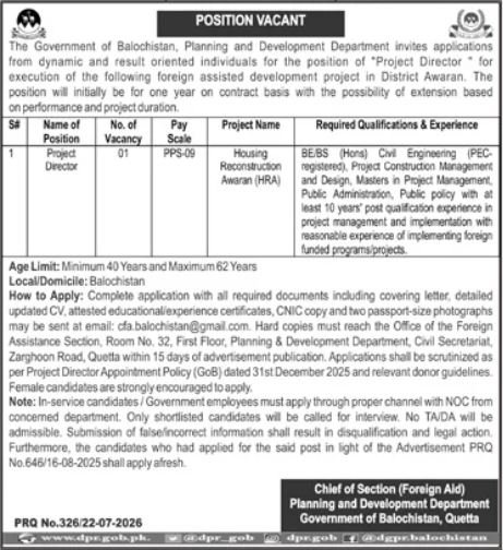 Planning And Development Department Quetta Job 2026 — original advertisement