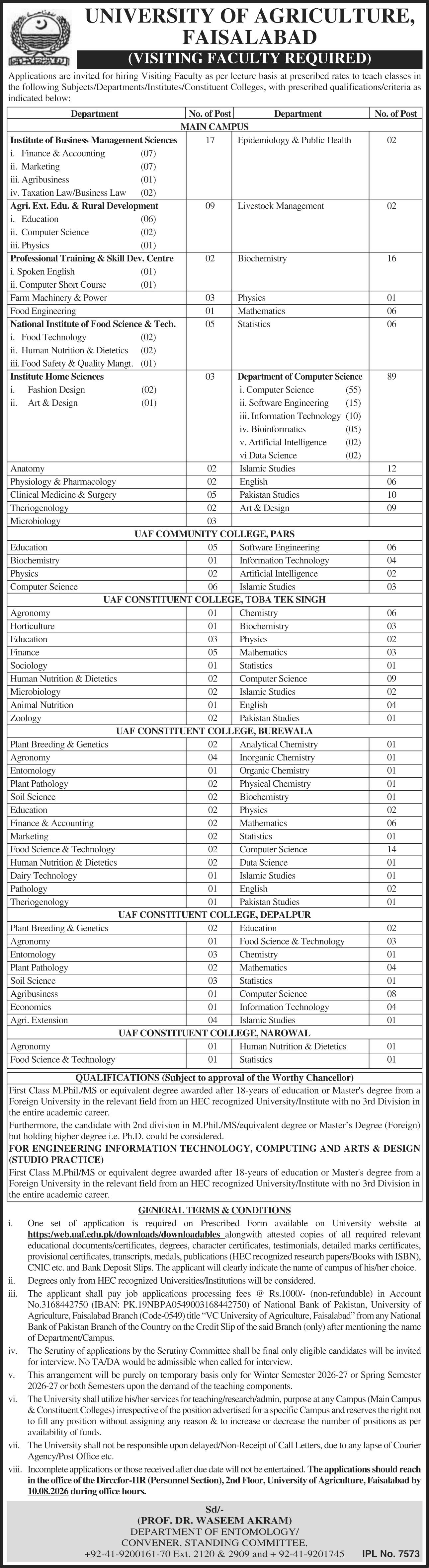 University Of Agriculture Faisalabad UAF Jobs 2026 — original advertisement