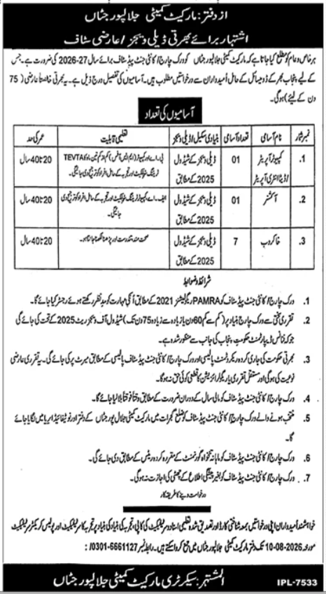 Market Committee Jalalpur Jattan Jobs 2026 — original advertisement