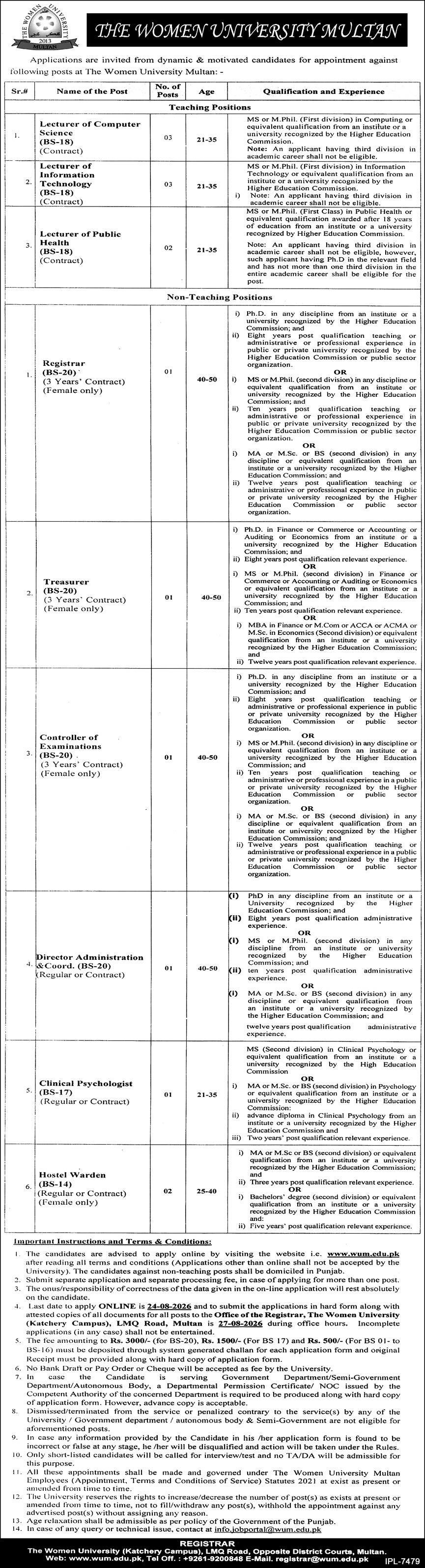 The Women University Multan WUM Jobs 2026 For Lecturer — original advertisement