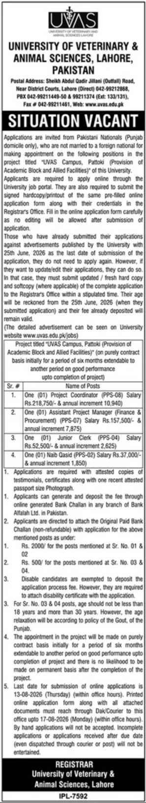 University Of Veterinary & Animal Sciences Lahore Jobs 2026 — original advertisement