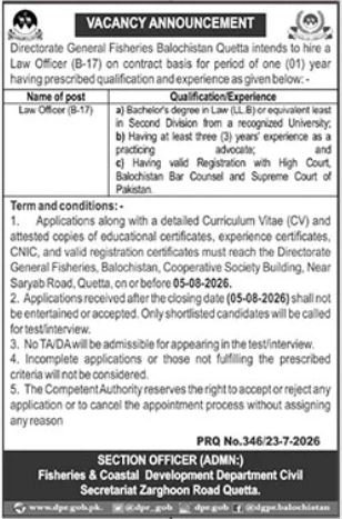 Fisheries & Coastal Development Department Quetta Job 2026 — original advertisement