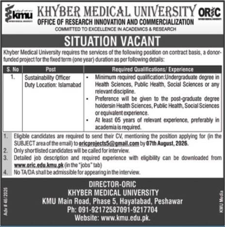 Khyber Medical University Peshawar Job 2026 — original advertisement