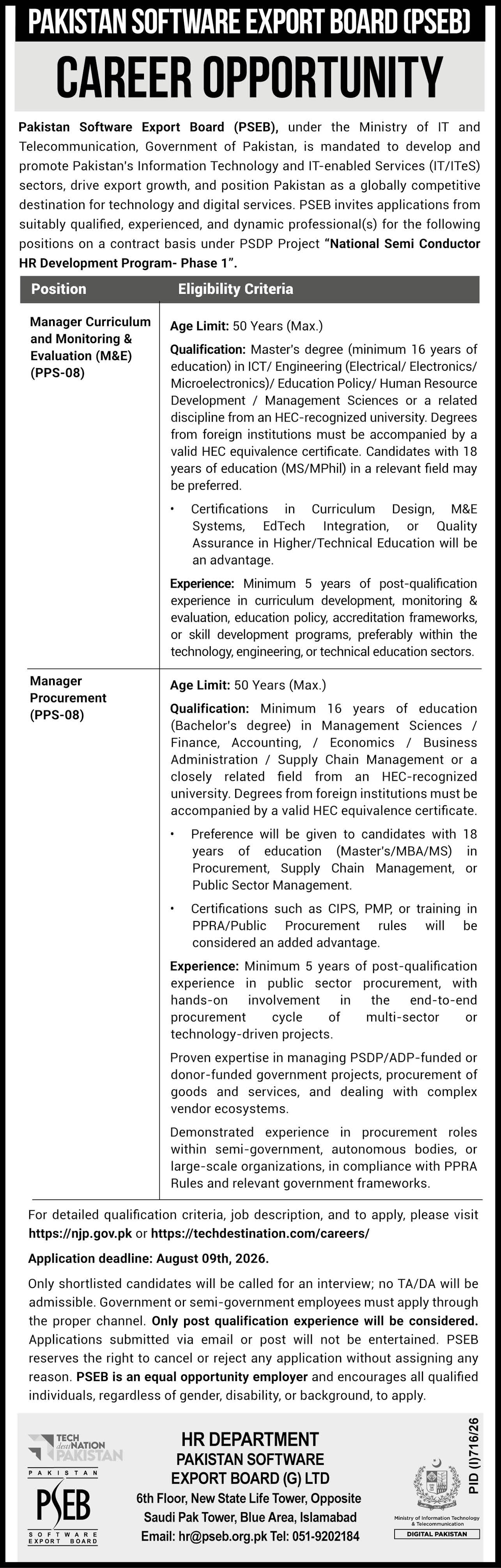 Pakistan Software Export Board PSEB Islamabad Jobs 2026 — original advertisement