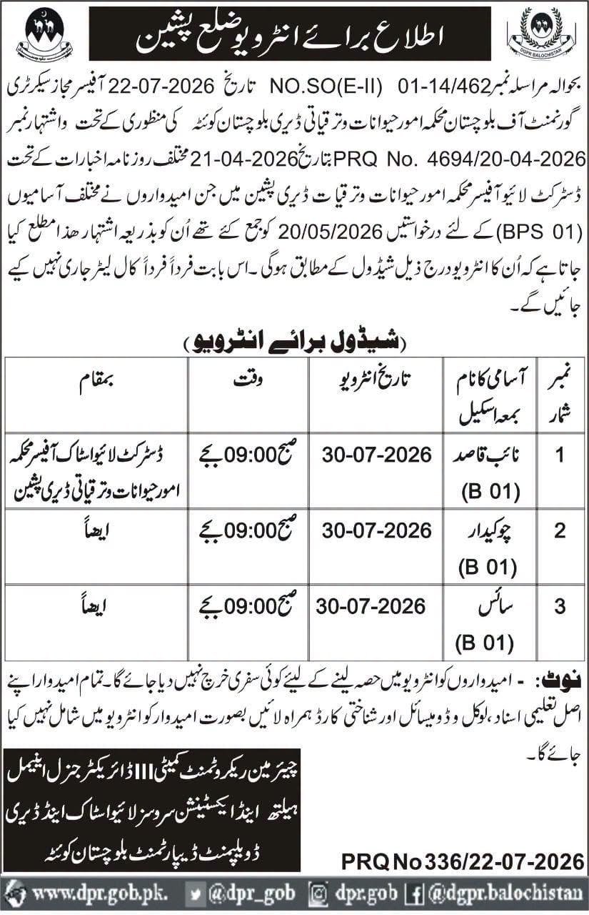 Livestock and Dairy Development Department Jobs Interview — original advertisement
