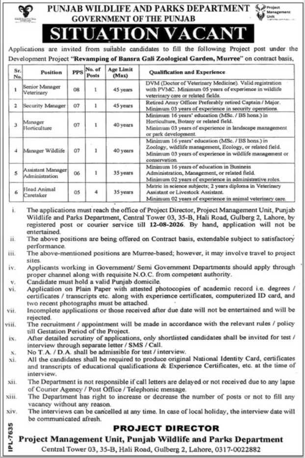 Punjab Wildlife & Parks Department Jobs 2026 — original advertisement