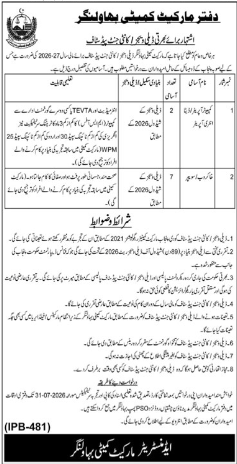 Market Committee Bahawalnagar Jobs 2026 — original advertisement