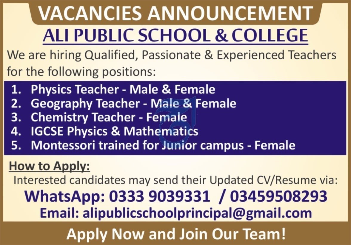 Ali Public School And College Peshawar Jobs 2026 — original advertisement
