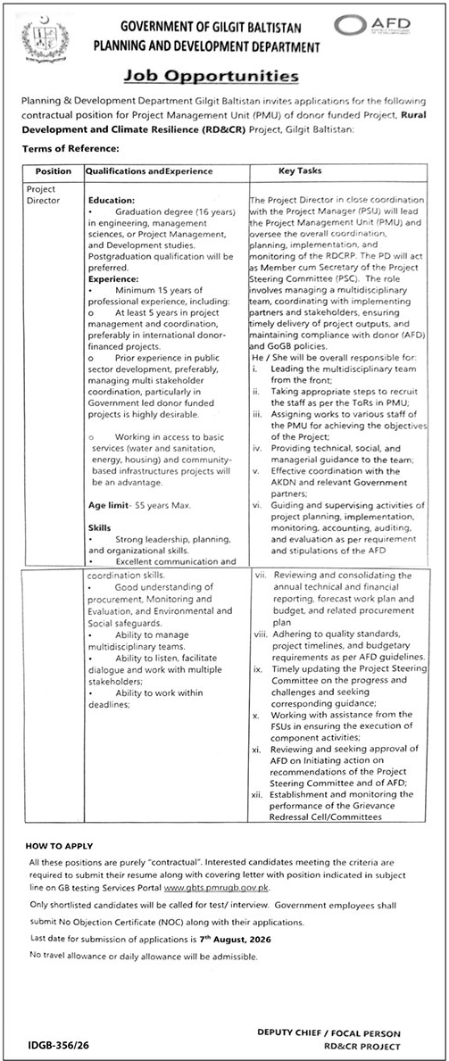 Planning & Development Department P&DD Gilgit Jobs 2026 — original advertisement