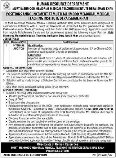 Mufti Mehmood Memorial Teaching Hospital DI Khan Jobs 2026 — original advertisement