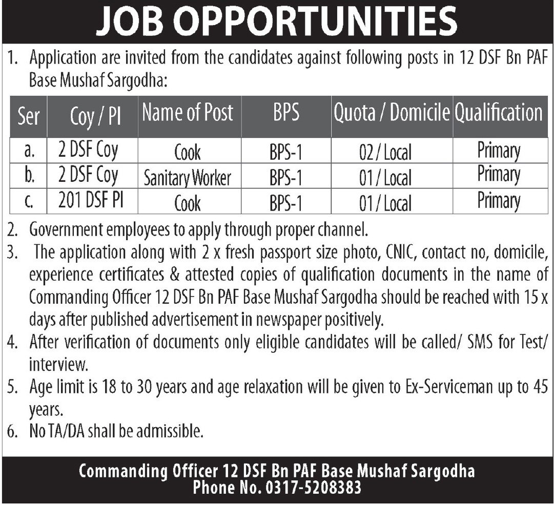 Pakistan Air Force PAF Base Mushaf Sargodha Jobs 2026 — original advertisement