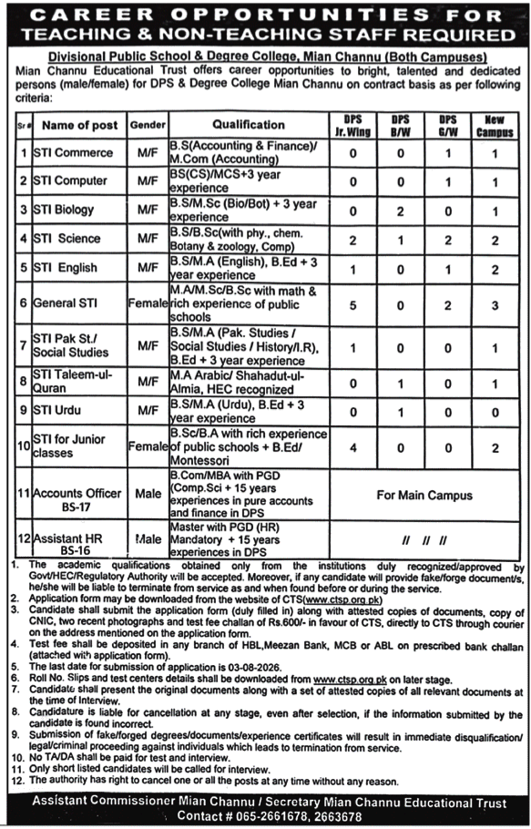 DPS And Degree College Mian Channu Jobs 2026 — original advertisement