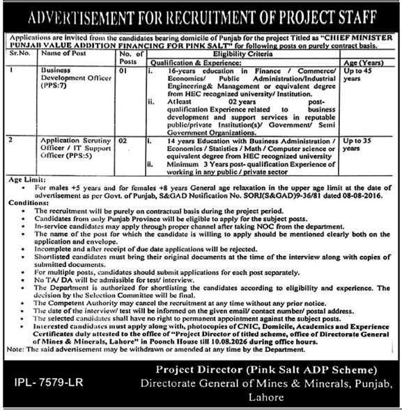Directorate General Mines & Minerals Jobs 2026 — original advertisement
