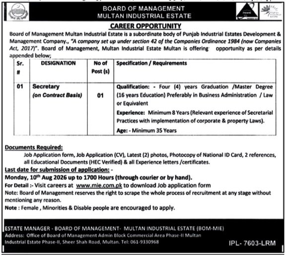 Board Of Management Multan Punjab Jobs 2026 — original advertisement