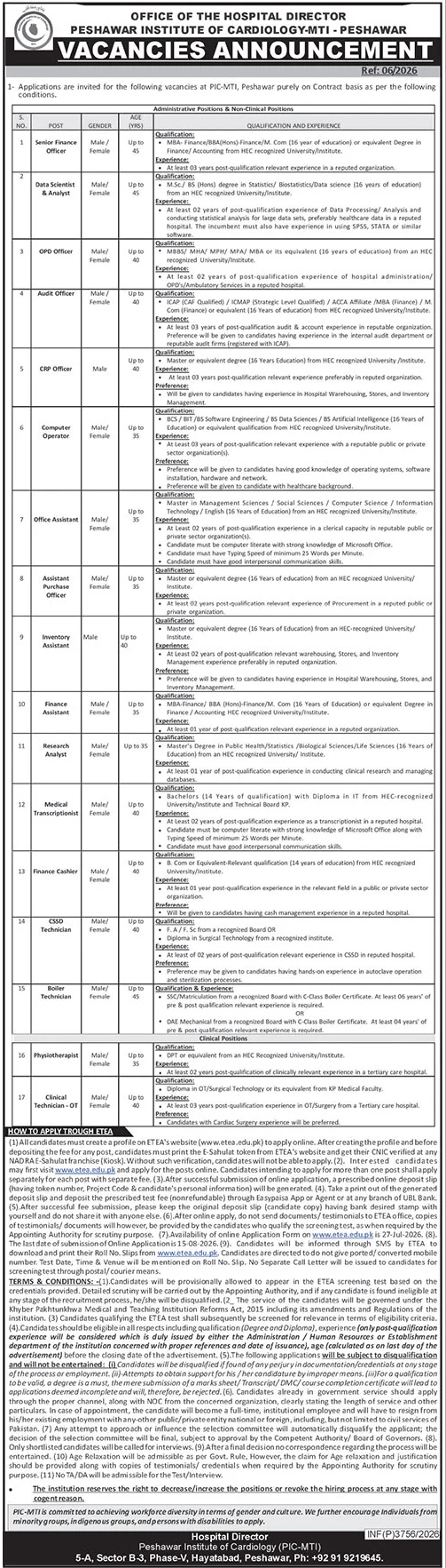 Peshawar Institute Of Cardiology PIC MTI Peshawar Jobs 2026 — original advertisement