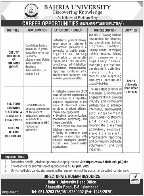 Bahria University Islamabad Jobs 2026 — original advertisement