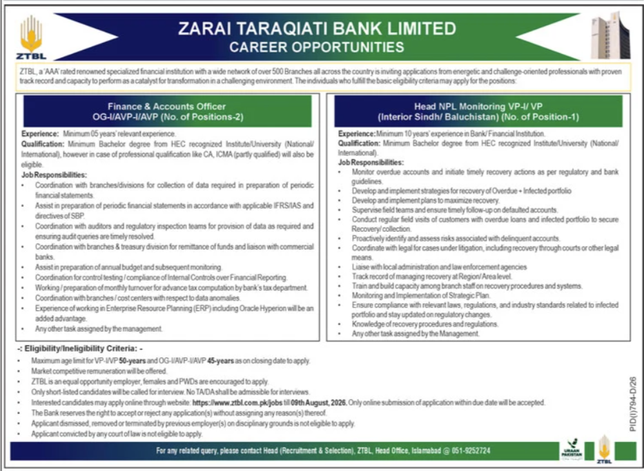 Zarai Taraqiati Bank Limited ZTBL Islamabad Jobs 2026 — original advertisement