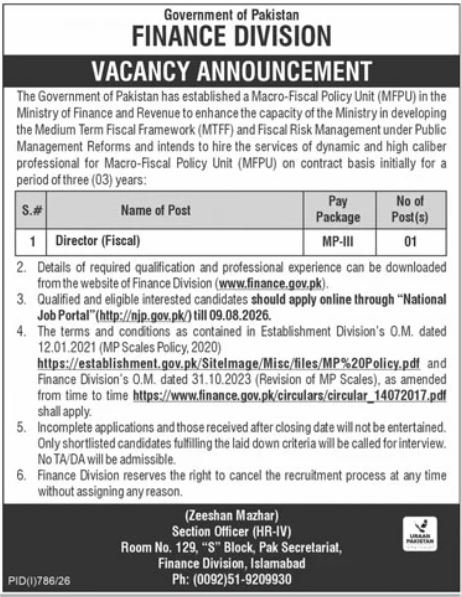 Finance Division Islamabad Job 2026 — original advertisement