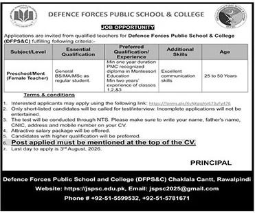 Defence Forces Public School & College Jobs 2026 — original advertisement