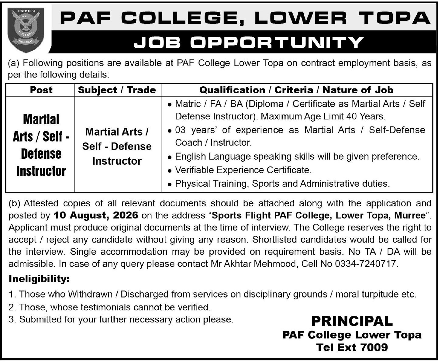PAF College Murree Jobs 2026 — original advertisement