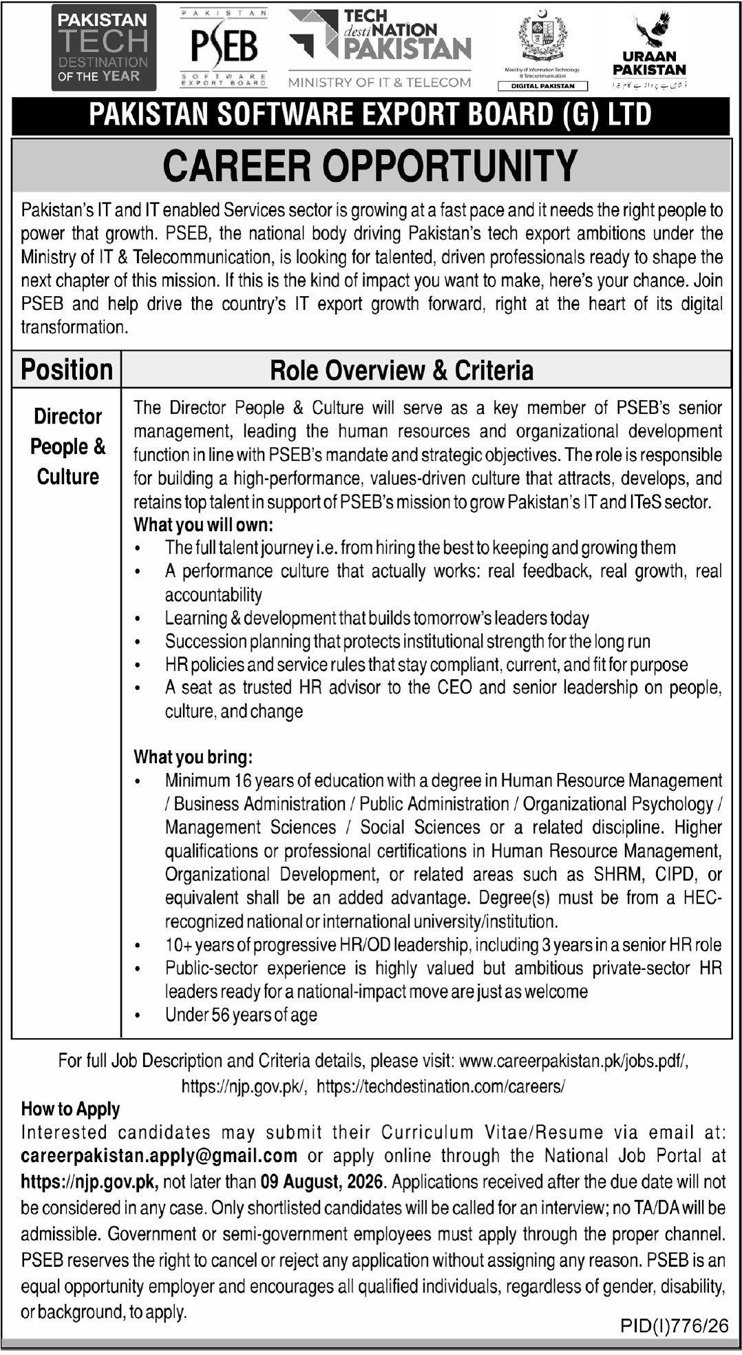 Pakistan Software Export Board PSEB Jobs 2026 — original advertisement