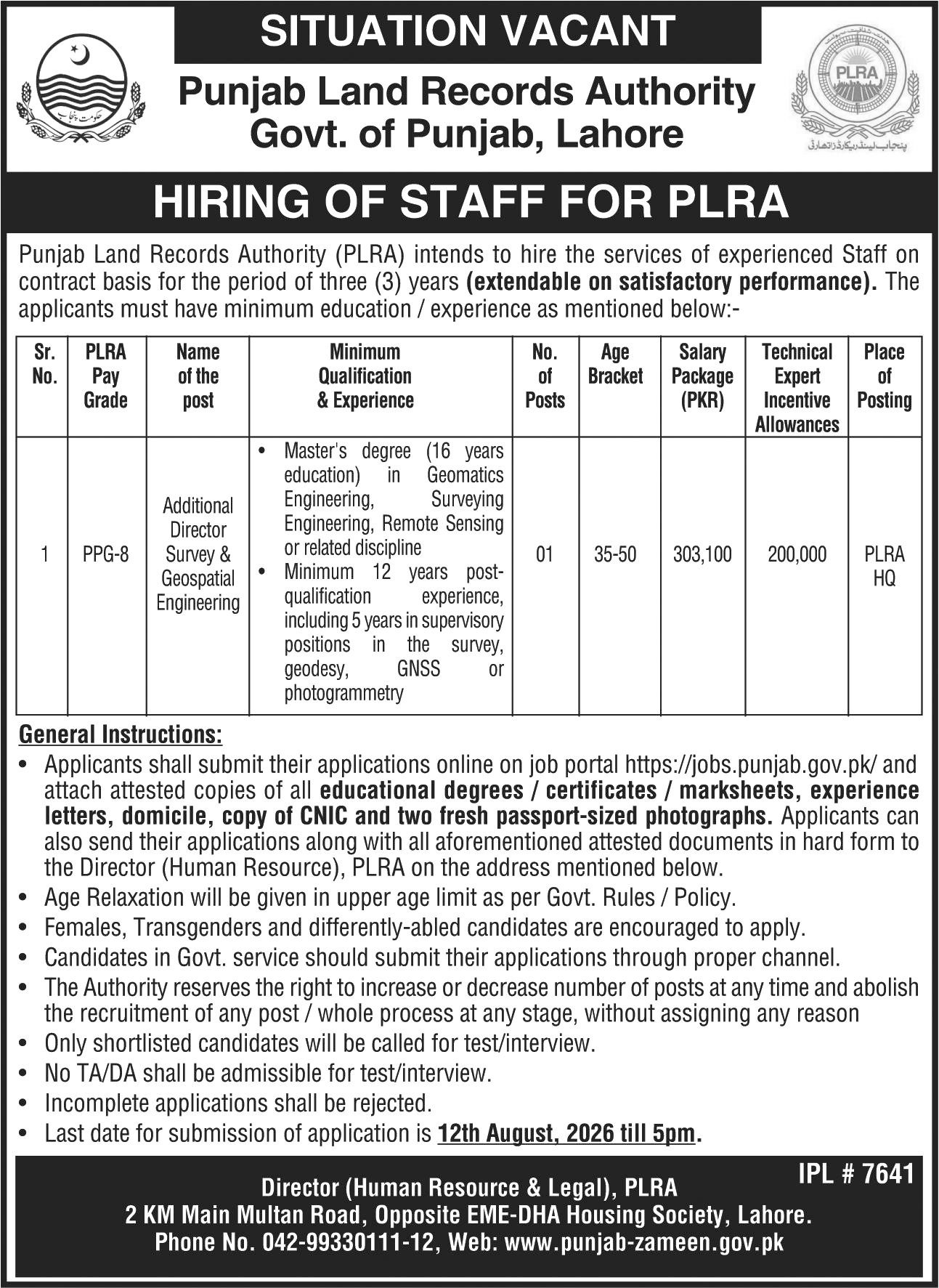 Punjab Land Records Authority PLRA Jobs 2026 — original advertisement