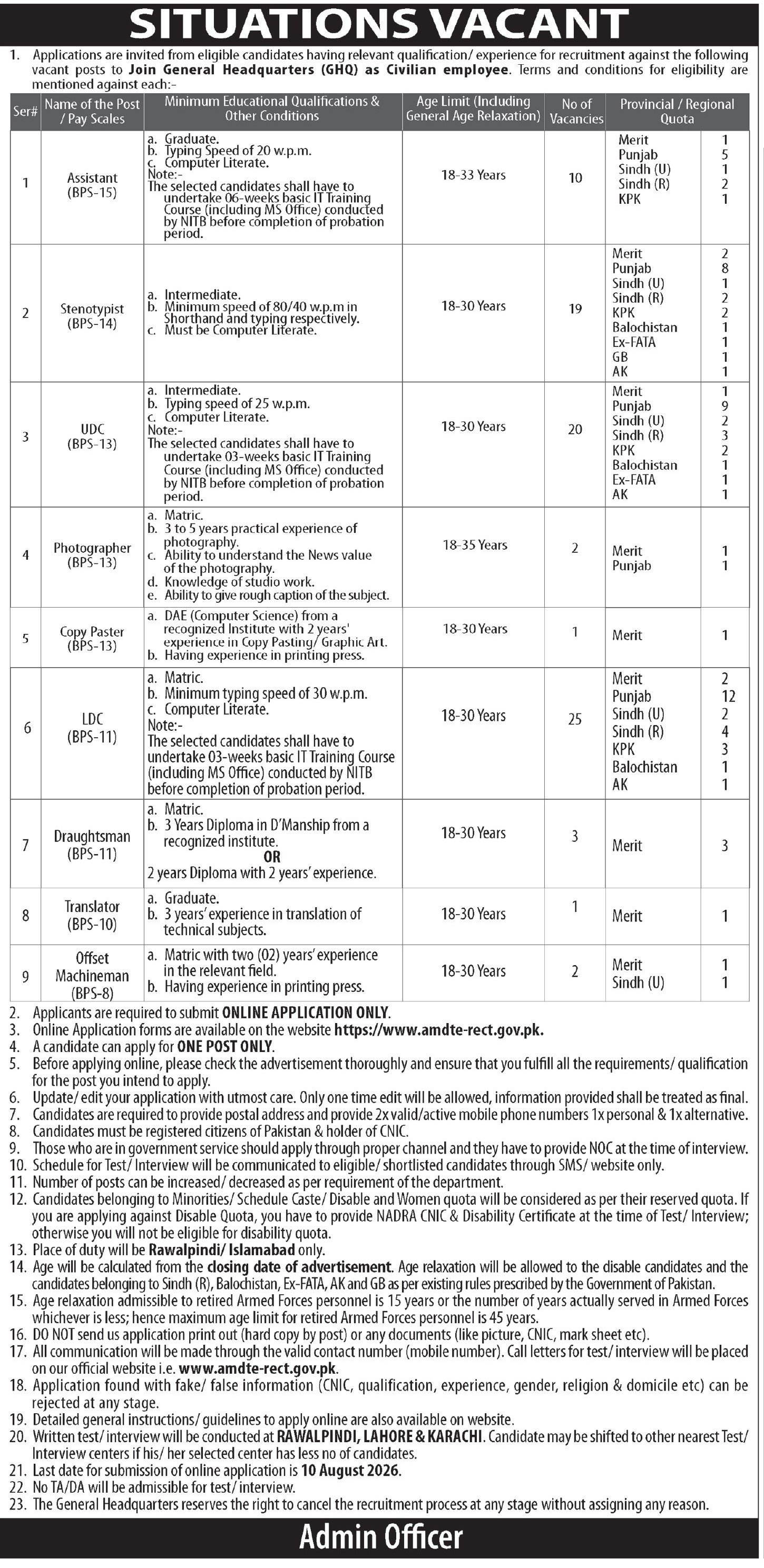 General Head Quarter GHQ Rawalpindi Jobs 2026 — original advertisement
