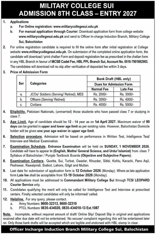 Military College Sui Admission Notice 2026 — original advertisement