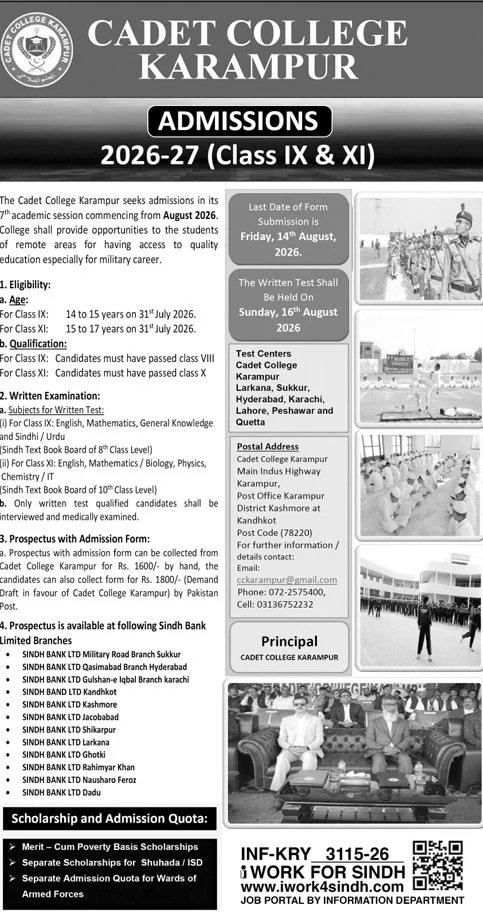 Admission Open Cadet College karampur kashmore sindh 2026 — original advertisement