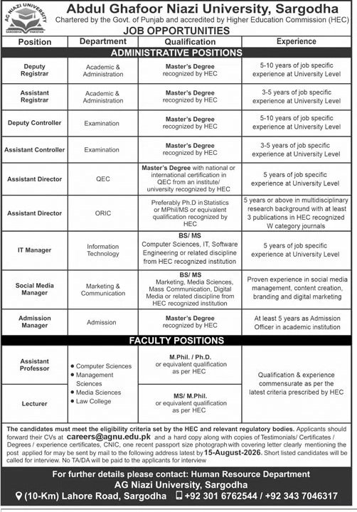 Abdul Ghafoor Niazi University, Sargodha Jobs 2026 — original advertisement