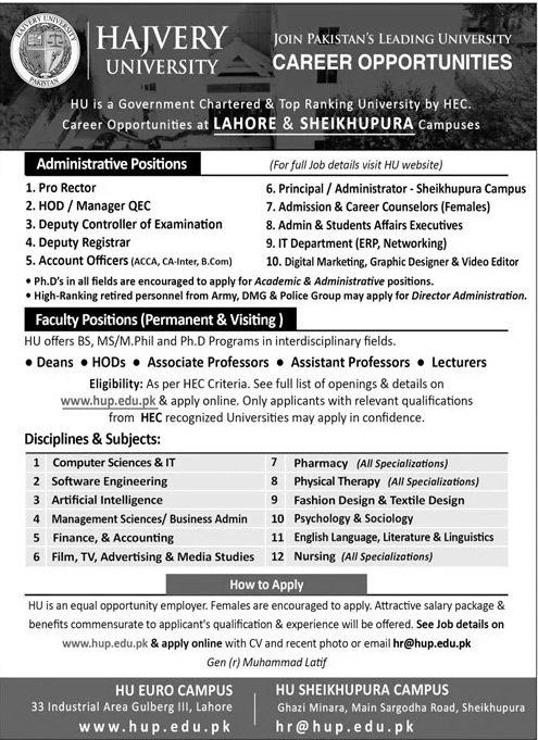 Hajvery University (HU)  Lahore Jobs 2026 — original advertisement