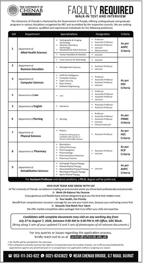 The University of Chenab Jobs 2026 — original advertisement