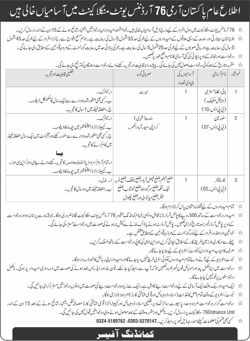 Pakistan Army 76 Ordnance Unit Mangla Cantt Jobs 2026 — original advertisement