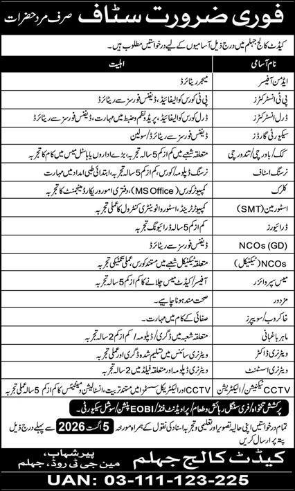 Cadet College Jhelum Punjab Jobs 2026 — original advertisement