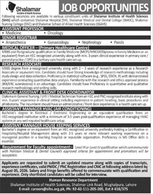 Shalamar Institute of Health Sciences (SIHS) Job 2026 — original advertisement