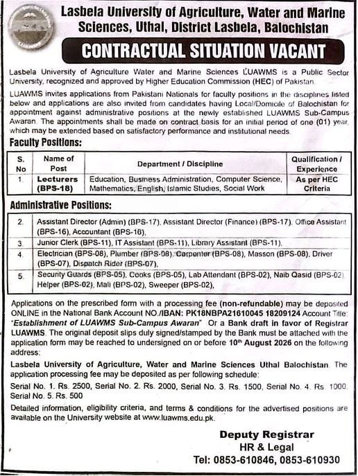 Lasbela University LUAWMS Awaran Campus Jobs 2026 — original advertisement