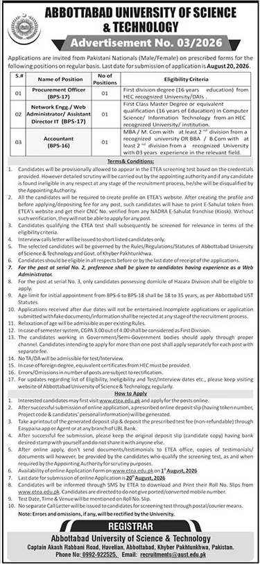Abbottabad University Of Science & Technology AUST Jobs 2026 — original advertisement