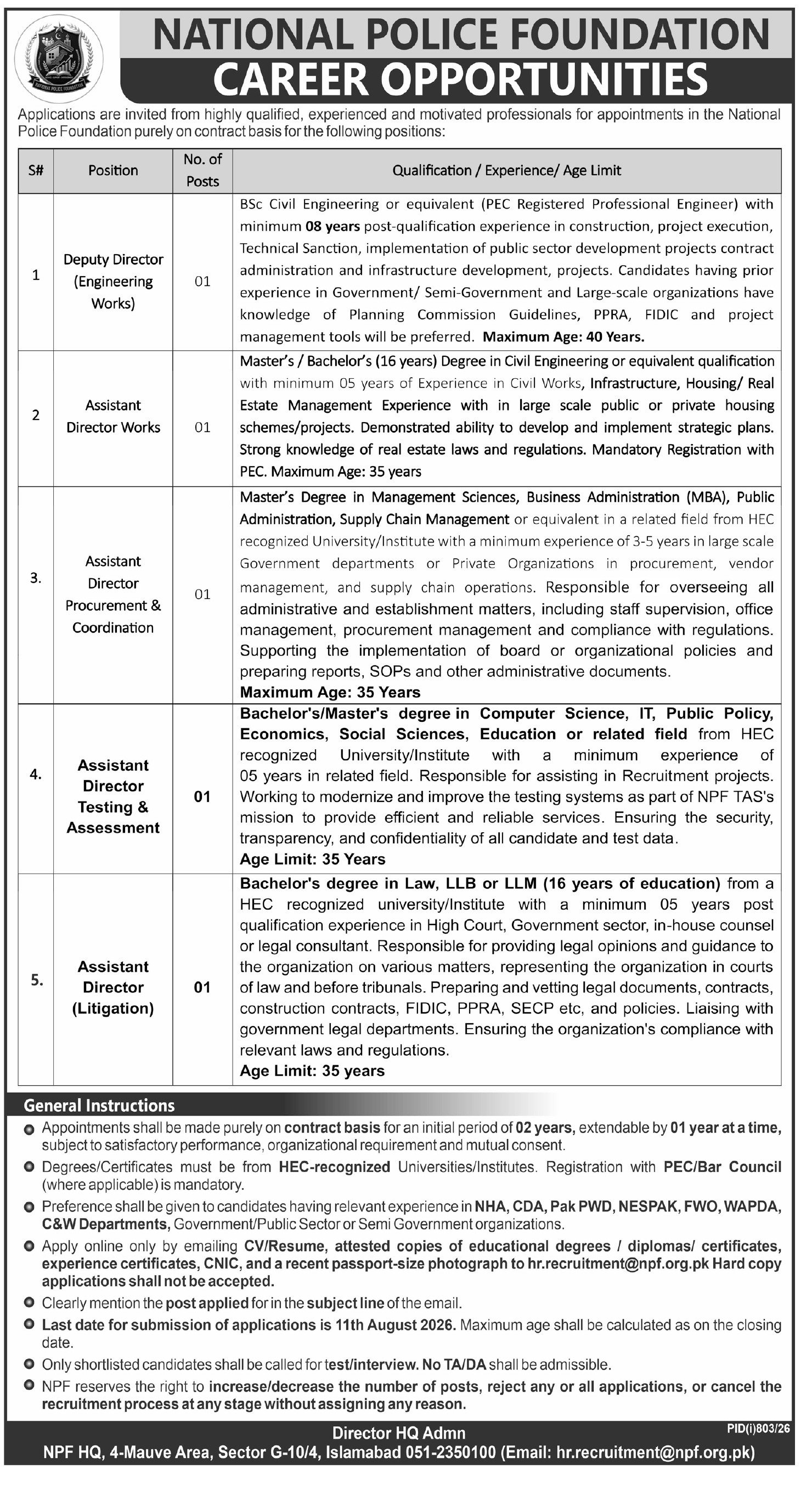 National Police Foundation NPF Islamabad Jobs 2026 — original advertisement