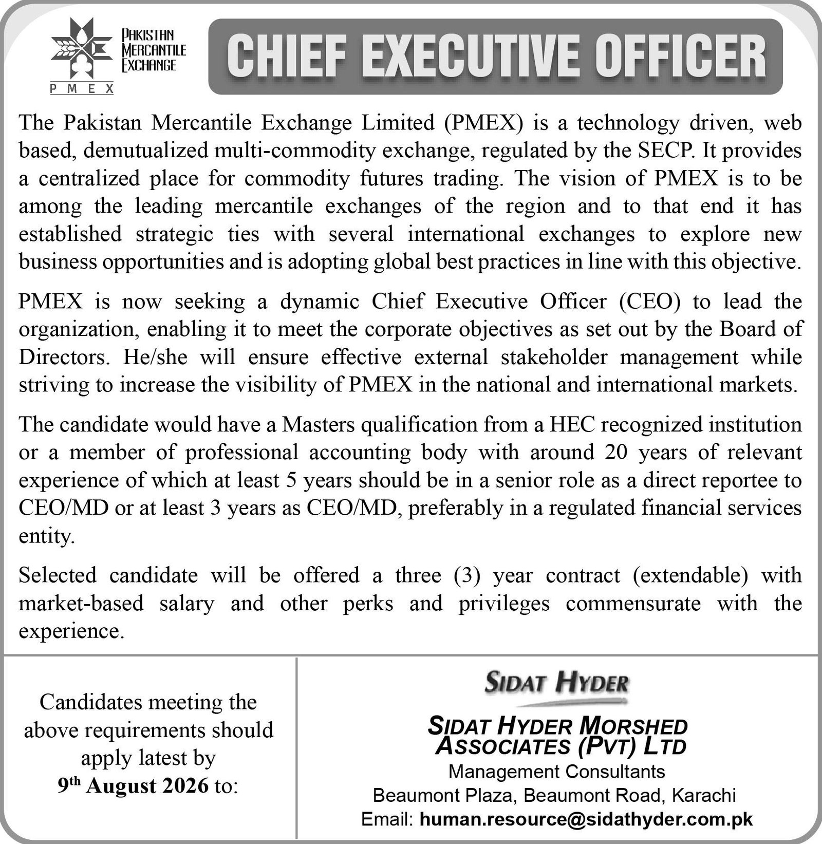Pakistan Mercantile Exchange Limited PMEX Jobs 2026 — original advertisement