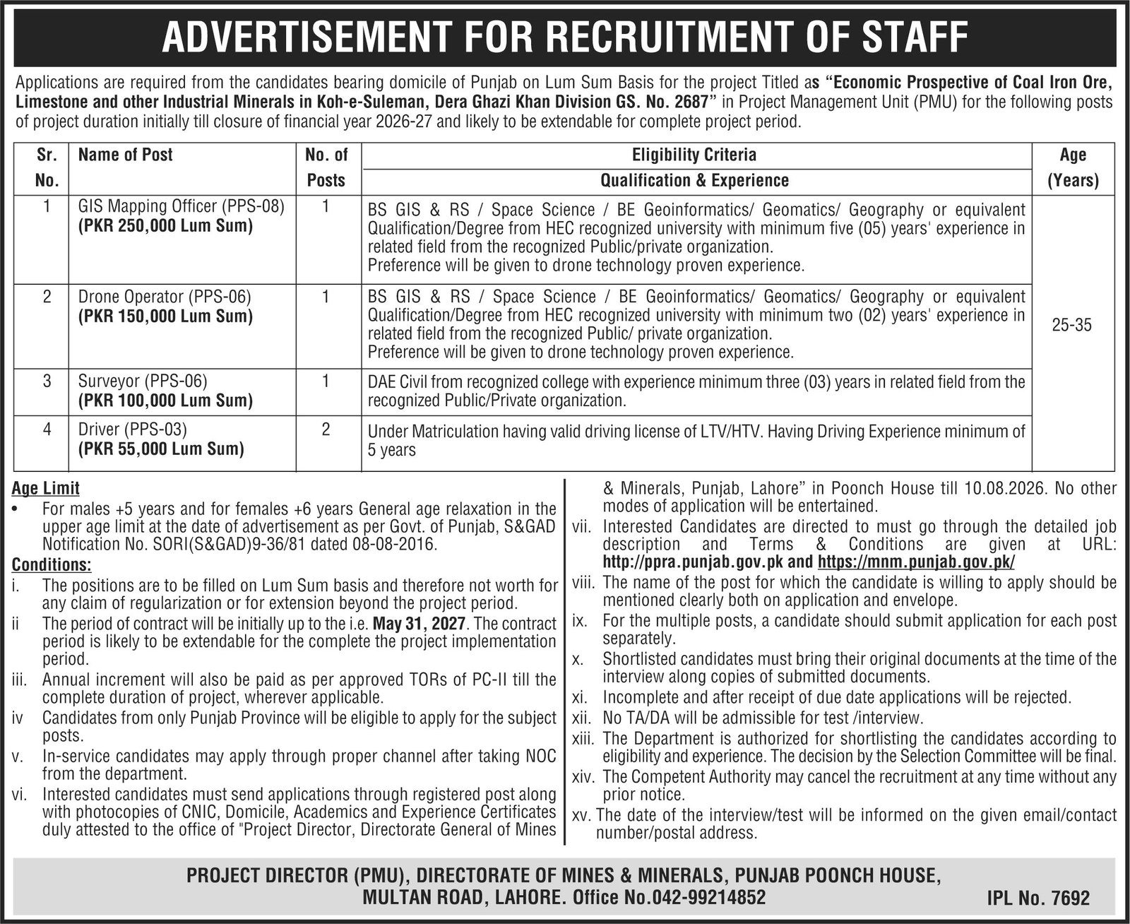 Mines & Minerals Development Koh E Suleman Jobs 2026 — original advertisement