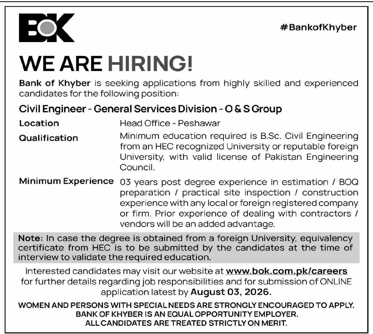 The Bank Of Khyber BOK Peshawar Job 2026 — original advertisement