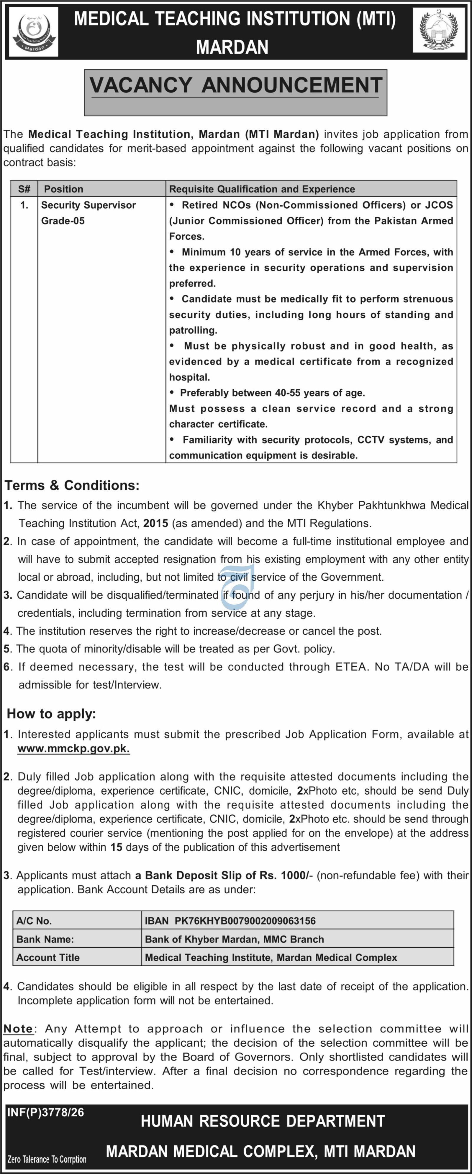 Medical Teaching Institution MTI Mardan Jobs 2026 — original advertisement