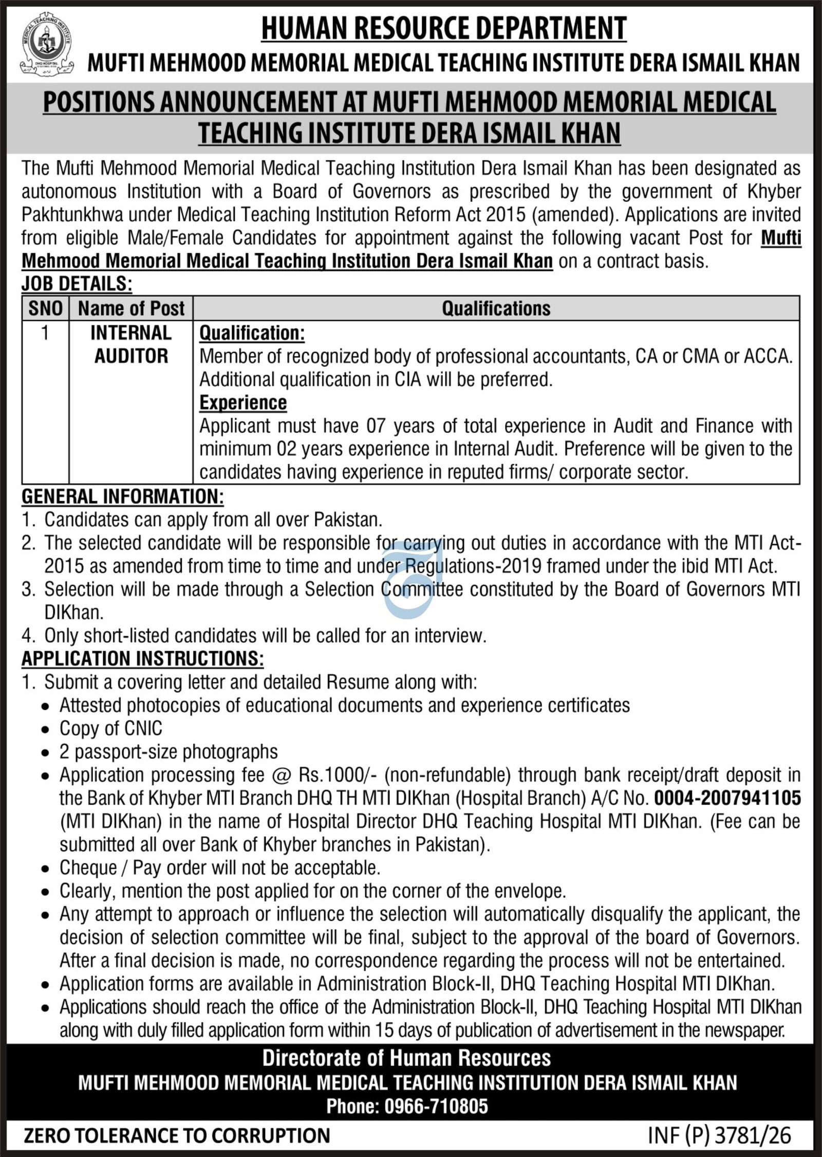 Mufti Mehmood Memorial Teaching Hospital DI Khan Job 2026 — original advertisement
