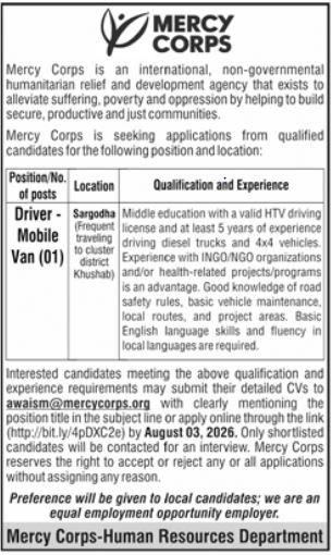 Mercy Corps Pakistan Sargodha Job 2026 — original advertisement