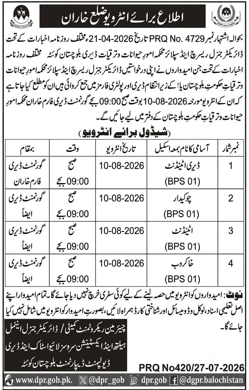 Livestock and Dairy Development Kharan Jobs Interview 2026 — original advertisement