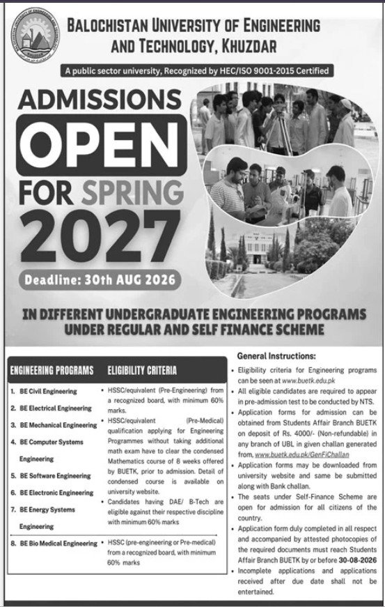 Admission Balochistan University of Engineering and Technolo — original advertisement