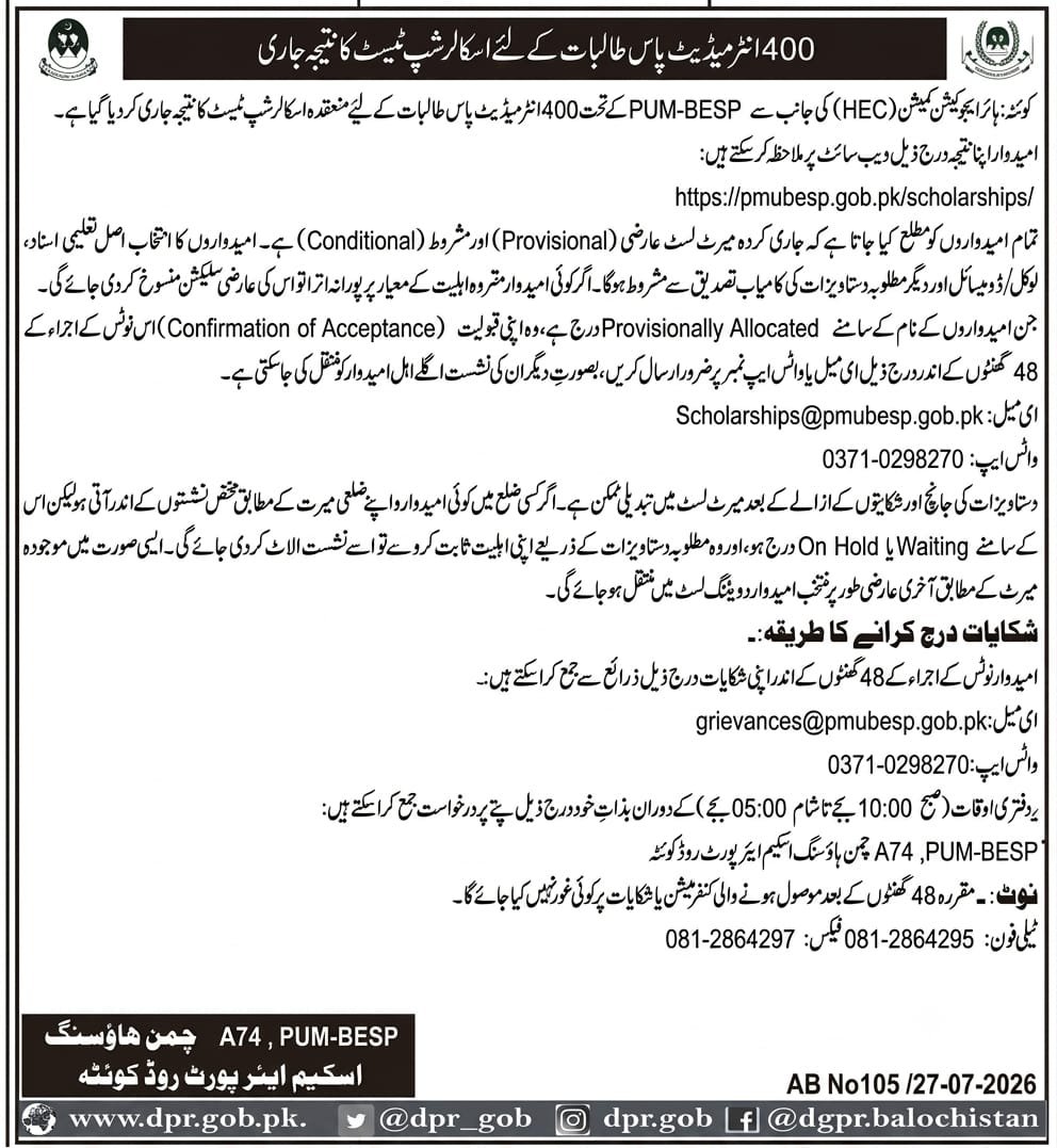 400 Intermediate-Pass Female Students Scholarship — original advertisement