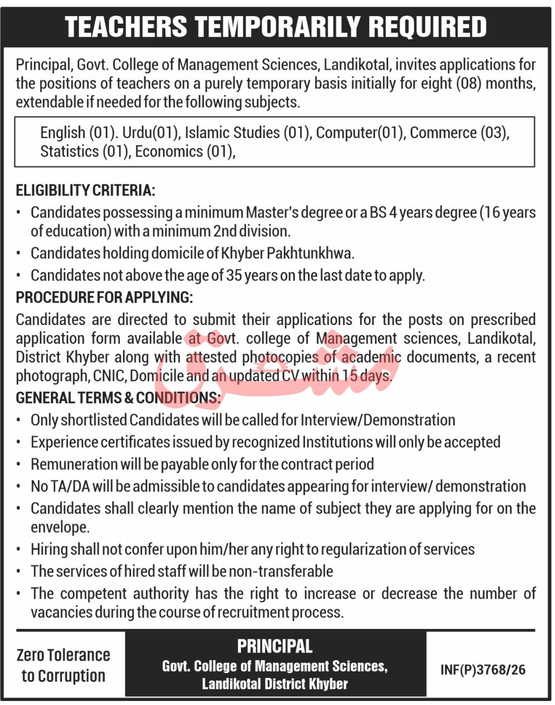 Government College Of Management Sciences Landikotal Jobs — original advertisement